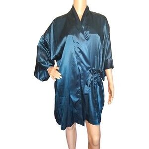 Vtg Victorias Secret Robe Gold Label Deep Blue Satin VS Short One Size       T48